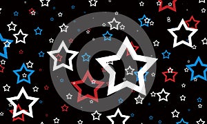 Red white and blue stars on black background. July 4th background.