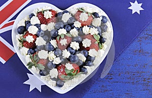 Red, white and blue theme berries with fresh whipped cream stars with Australian flag.