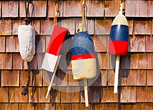 Red white and blue vintage fishing buoys photo