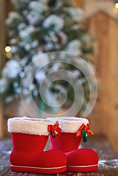 Red with white border Christmas boot near Christmas tree on wooden background