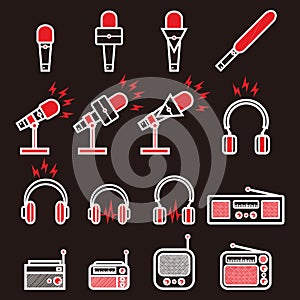 Red and white broadcasting microphone, headphone and vintage radio with lightning sign for news anchor, news live, infotainment