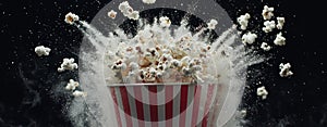 A red and white bucket of popcorn, floating with motion particles, on a dark black background, perfect for visual