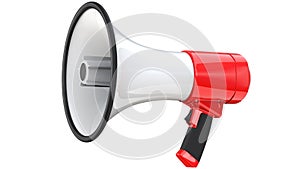 Red and white bullhorn public address megaphone. 3d rendering of mega phone, isolated on white background.