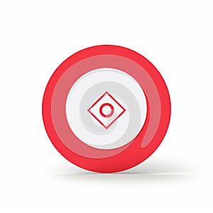a red and white button with an arrow on it