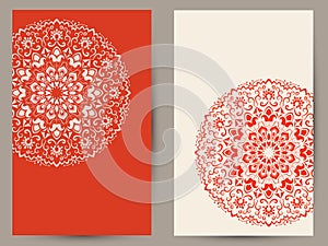 Red and white cards with floral ornaments