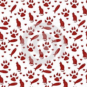 Red and white cat, paw prints, fish, and hearts seamless and repeat pattern background