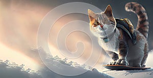 Red white cat on a snowboard. Copy space. Banner. Copy space. Generative AI. Copy space.