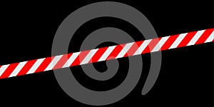 Red white caution tape line isolated on black for banner background, tape red white stripe pattern, ribbon tape sign for comfort