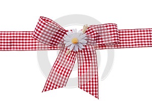 Red and White Check satin textile ribbon tied in bow