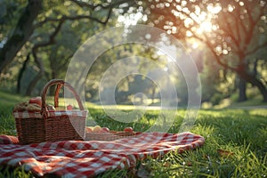 Red and white checkered blanket on the green grass, A picnic scene on a sunny day