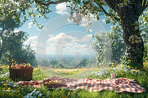 Red and white checkered blanket on the green grass, A picnic scene on a sunny day