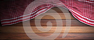 Red white checkered picnic tablecloth on wooden background, copy space. 3d illustration