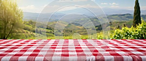 A Red And White Checkered Table Cloth With A Landscape In The Background