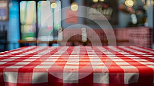 Red and white checkered tablecloth in cozy restaurant interior