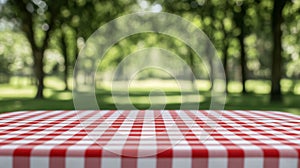 Red and white checkered tablecloth picnic table with blurred green trees and grass background creating peaceful outdoor setting