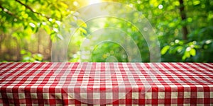Red and white checkered tablecloth on a table with a blurred green background. Generative AI