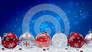 Red and white christmas balls on blue background