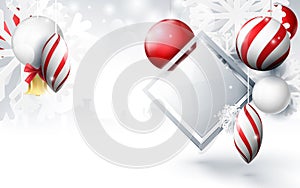 Red and white christmas balls with ornaments snowflakes, gold bell and geometric on bokeh background