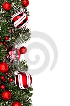 Red and white Christmas bauble border on white
