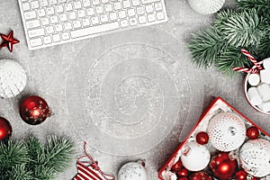 Red and white Christmas baubles in a box