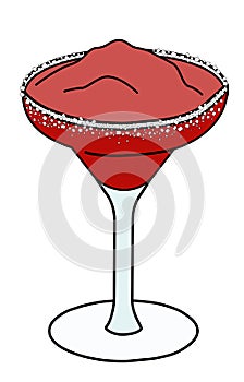Red and white Christmas frozen strawberry daiquiri cocktail in Margarita glass garnished with sugar rim. New Year Eve