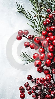 Red and white Christmas tree is adorned with variety of berries, including cranberries. The tree has been decorated