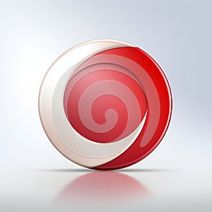 a red and white circular logo on a gray background