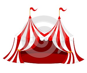 Red and white circus or carnival tent with flags and red floor vector illustration on white background web site page and mobile ap