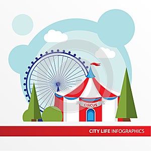 Red and white Circus tent icon in the flat style. Big Top Circus Tents. Concept for city infographic.