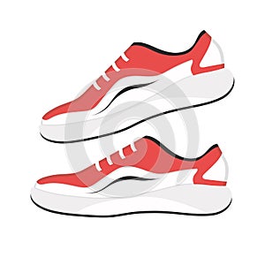 Red-white colored golf shoe isolated on white background vector illustration. A pair of golf shoes.