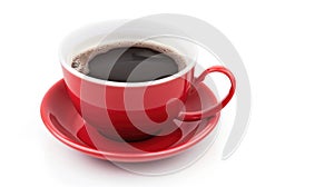 A red and white cup of coffee on a saucer