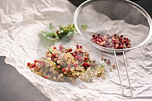 Red and white currant berries being cleaned