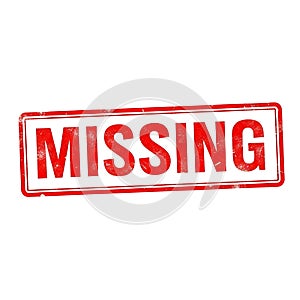 Red and white distressed missing stamp isolated on white background