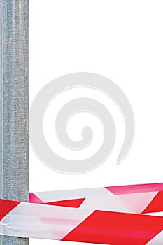 Red White Do Not Cross Ribbon Barrier Tape And Metallic Post, Isolated Grey Construction Site Metallic Pole, Crime Scene Marking V