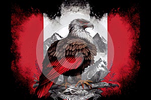 a red and white eagle sitting on a branch with a flag in the background of it\'s wings