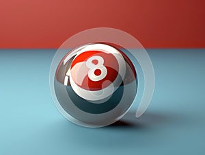 Red and white eight ball is sitting on blue table. The 8-ball has number ?8? written in black, making it easily