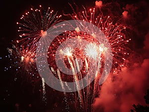 Red and White Fireworks Display at Night