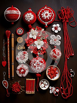 Red and white flat lay martenitsa collection on dark background