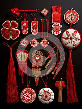 Red and white flat lay martenitsa collection on dark background