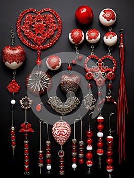 Red and white flat lay martenitsa collection on dark background