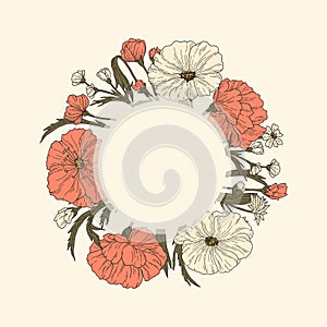 Red and white flower wreath on white background