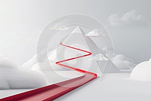 A red and white four level pyramid, a roadmap runs through the pyramid and the minimalist clouds