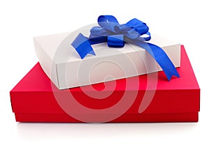 Red and white gift box with blue ribbon