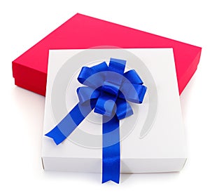 Red and white gift box with blue ribbon