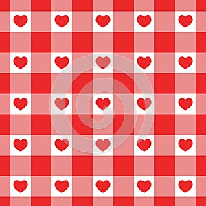 Red and white gingham seamless pattern with hearts. Checkered Valentine day texture for picnic blanket, tablecloth