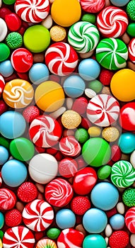Red, White, and Green Candies Resembling Peppermints or Similar Hard Candies, Generative AI photo