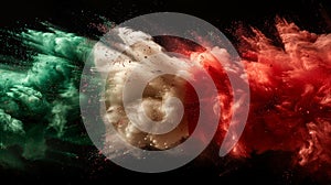 Red, white and green color powder explosion in the shape of Italy flag on black background 4