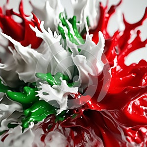 Red, white and green splashes of paint flying in different directions. Liquid explosion