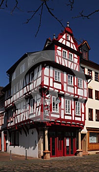 Red-White Half-Timbered House In Bad Kreuznach Rhineland-Palatine Germany On A Beautiful Spring Day