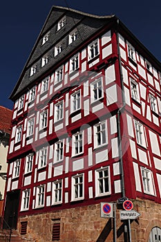 Red-White Half-Timbered House In Marburg Hesse Germany On A Beautiful Spring Day